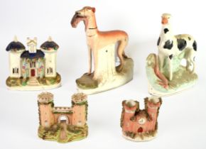 FIVE PIECES OF NINETEENTH CENTURY STAFFORDSHIRE POTTERY, comprising: GREYHOUND WITH HARE IN ITS