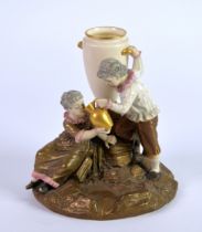 ROYAL WORCESTER PORCELAIN RECEIVER GROUP, painted in colours and gilt and modelled as a girl and boy