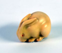 ROYAL WORCESTER PORCELAIN MODEL OF A CARVED RABBIT PATTERN NETSUKE, modelled crouching with ears