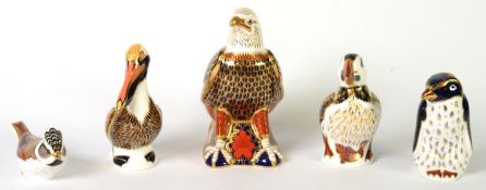FIVE ROYAL CROWN DERBY IMARI CHINA BIRD PATTERN PAPERWEIGHTS WITH GILT STOPPERS, comprising: BALD