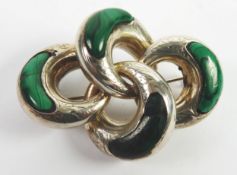 VICTORIAN ENGRAVED SILVER COLOURED METAL (UNMARKED) AND MALACHITE INGOT BROOCH, of quatrefoil C