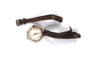 ROLEX: An early 20th century 9ct gold Rolex trench watch with Roman dial, the works fully marked,