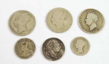 GEORGE III 1820 SILVER SIXPENCE; George IV silver shilling; Queen Victoria young head two silver