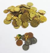 APPROXIMATELY 120 GOLD PLATED METAL PERSIAN COINS, all drilled to form jewellery and THREE METAL