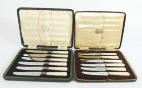 TWO CASED SETS OF SIX STAINLESS STEEL AFTERNOON TEA KNIVES WITH MOTHER OF PEARL HANDLES, (2)