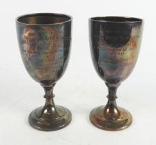 PAIR OF PRESENTATION SILVER GOBLETS BY EDWARD VINER, each of typical form with beaded knop, nine