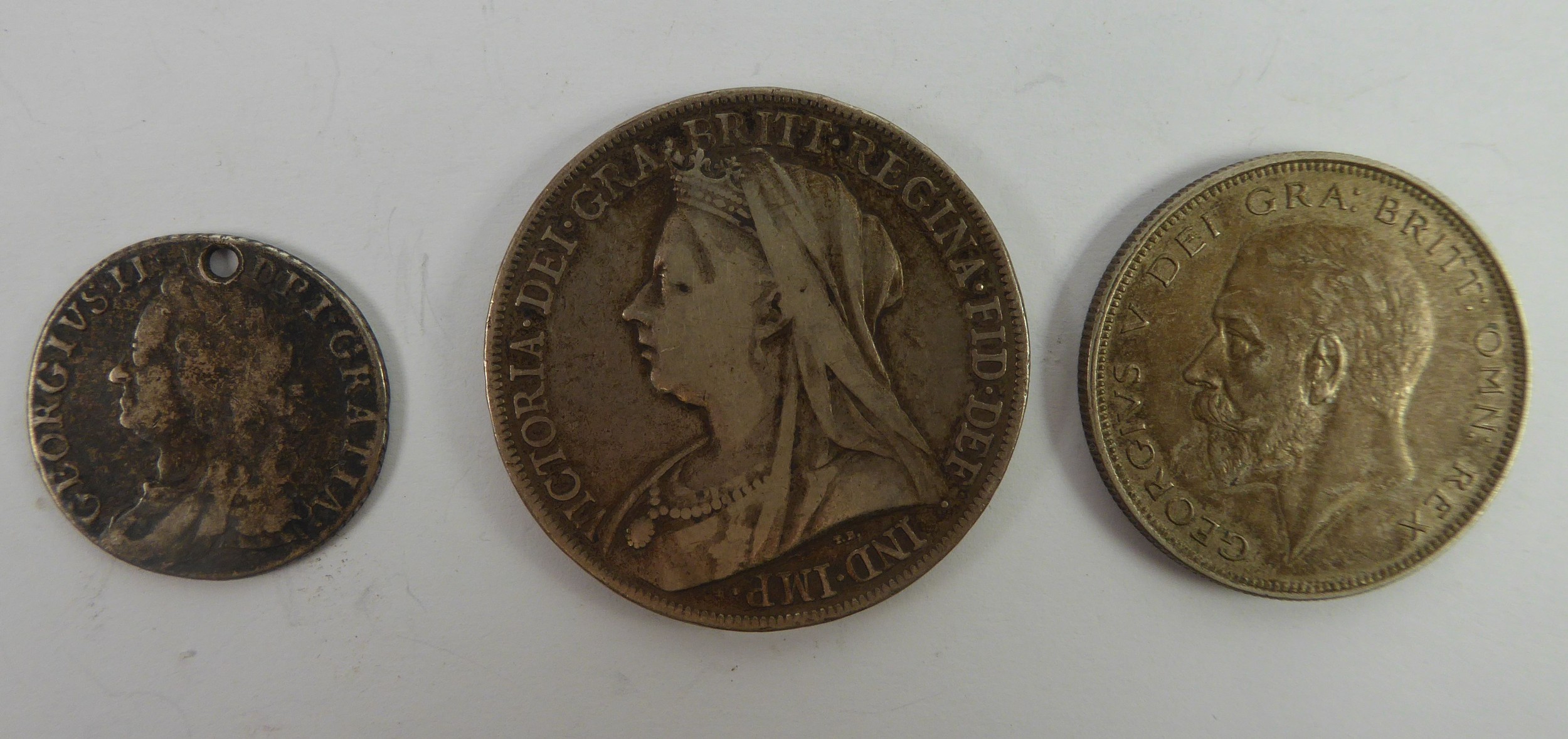 GEORGE II 1758 SILVER SHILLING, (drilled); Queen Victoria 1899 SILVER CROWN, date LXII on edge (F) - Image 2 of 2