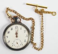 GUNMETAL CASED OPEN FACED POCKET WATCH, with keyless movement, white arabic dial with subsidiary