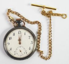 GUNMETAL CASED OPEN FACED POCKET WATCH, with keyless movement, white arabic dial with subsidiary
