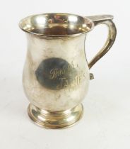 GEORGIAN STYLE PRESENTATION SILVER PINT TANKARD, of bellied, footed form with scroll handle and