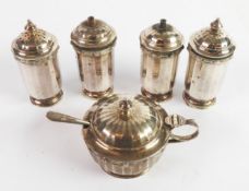 GEORGE VI FIVE PIECE SILVER CONDIMENT SET, of panelled, footed form, comprising: PAIR OF SALT AND