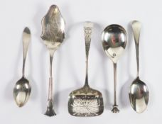 FIVE VICTORIAN AND LATER SILVER SPOONS, comprising: SIFTER SPOON, Sheffield 1890, PRESERVE SPOON