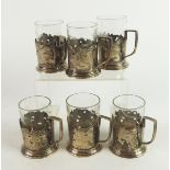 SET OF SIX RUSSIAN SILVER COLOURED METAL (84 MARK) CUP HOLDERS, each with angular scroll handle,