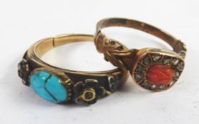 19th CENTURY OBLONG CLUSTER RING, WITH CENTRE RED CORAL and surround of twelve tiny rose cut