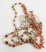 BRANCH CORAL AND IMITATION PEARL NECKLACE; two crystal bead NECKLACES and another NECKLACE with