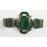 VICTORIAN ENGRAVED SILVER COLOURED METAL (UNMARKED) AND MALACHITE BRACELET, the large oval top