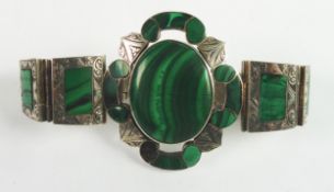 VICTORIAN ENGRAVED SILVER COLOURED METAL (UNMARKED) AND MALACHITE BRACELET, the large oval top