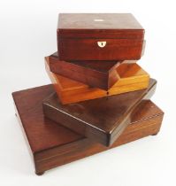 FOUR EMPTY WOODEN CUTLERY BOXES, with lined and/or fitted interiors, three in oak and the other in