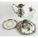 SMALL MIXED LOT OF ELECTROPLATE, comprising: PART FLUTED PEDESTEL SERVING JUG, MOULDED GLASS