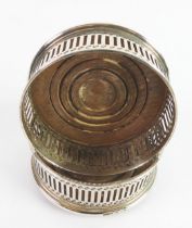 PAIR OF PIERCED SILVER BOTTLE COASTERS, each of typical form with slot pierced border and turned