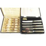 CASED PART SET OF FIVE AFTERNOON TEA KNIVES WITH FILLED SILVER HANLDES BY EDWARD VINER, Sheffield