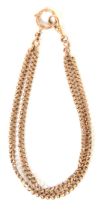 14ct GOLD TWO-STRAND WATCH CHAIN with fancy links, terminating in a swivel clip and a large ring