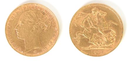 QUEEN VICTORIA 1883 GOLD FULL SOVEREIGN, first young head, with M below for Melbourne mint, WW