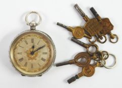 LADY'S SILVER POCKET WATCH with keywind movement, silvered roman dial with gold embossed centre dial