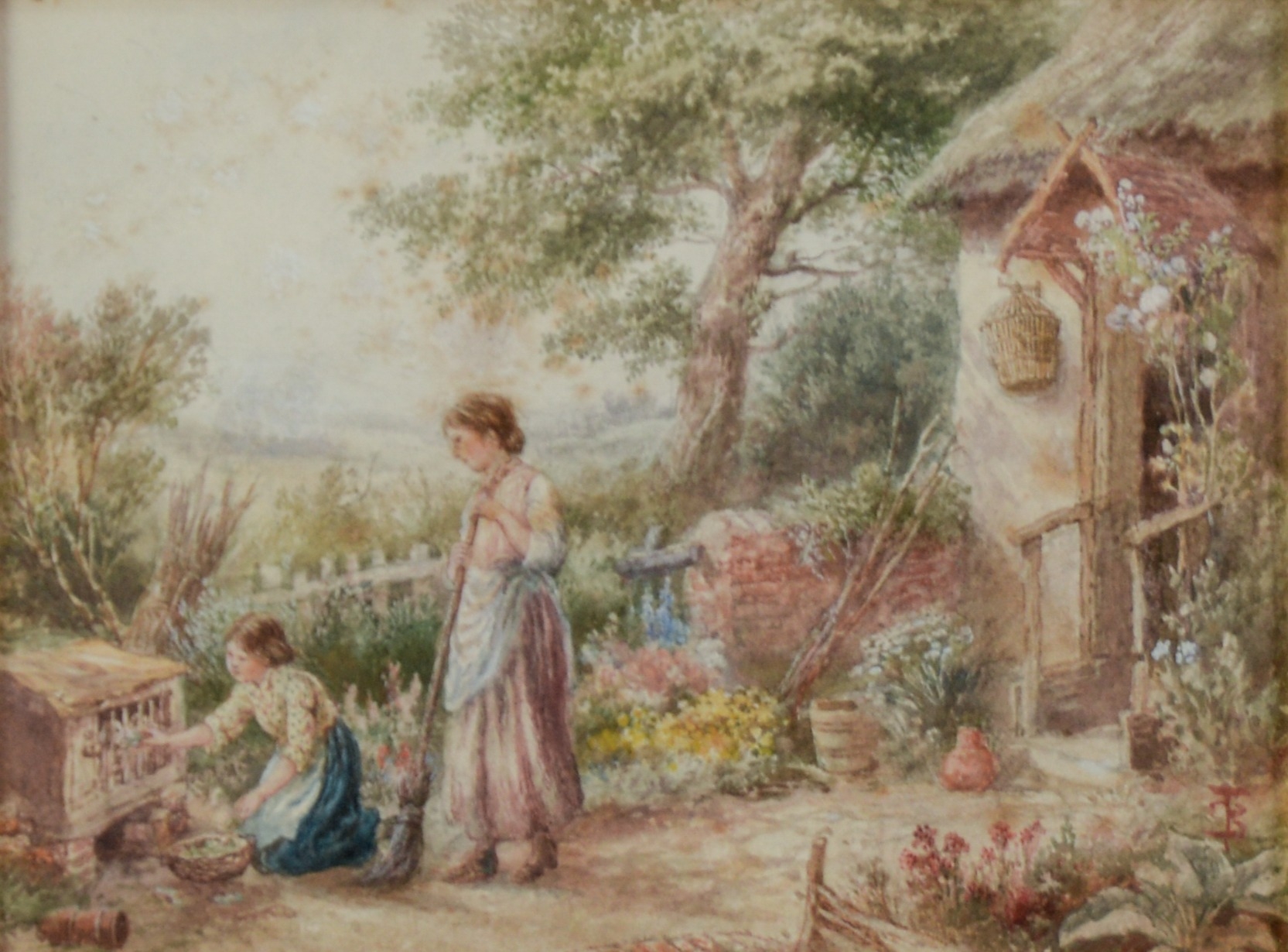 AFTER MILES BIRKET FOSTER PAIR OF WATERCOLOURS Rural scene with children and rabbits - Image 2 of 4