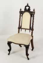 NINETEENTH CENTURY DARK STAINED AND CARVED MAHOGANY AND BEECH SIDE CHAIR, the ornate back with