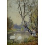 BENJAMIN D SIGMUND (1857-1947) WATERCOLOUR Lake scene with girl and pair of swans Signed 10” x 7” (