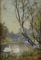 BENJAMIN D SIGMUND (1857-1947) WATERCOLOUR Lake scene with girl and pair of swans Signed 10” x 7” (