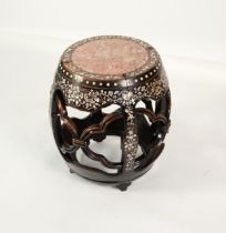 CHINESE VASE STAND: 19th century Chinese mother of pearl inlaid and pink marble inset barrel seat or