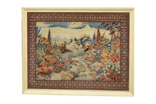 EASTERN PICTORIAL FABRIC WALL HANGING, depicting a palace flower garden with fountains and distant