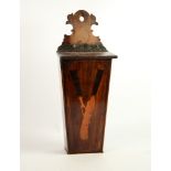 ANTIQUE INLAID MAHOGANY VENEERED CANDLEBOX, of typical form with fret cut backplate and leather