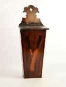 ANTIQUE INLAID MAHOGANY VENEERED CANDLEBOX, of typical form with fret cut backplate and leather