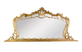 OVERMANTEL MIRROR: Mid to late 20th century gold painted overmantel mirror of rococo design, with