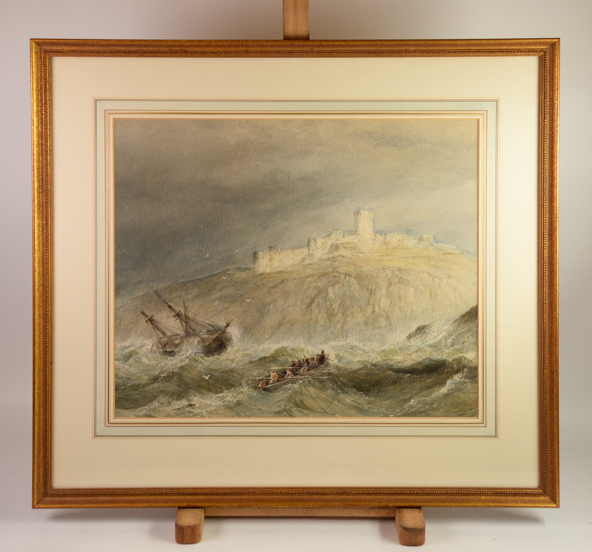 WILLIAM CLARKSON STANFIELD (1793 – 1867) WATERCOLOUR Ship wrecked on cliffs with lifeboat nearby, - Image 2 of 4
