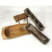 NINETEENTH CENTURY BLOND WOOD DOUGH TROUGH,SIMILAR LOAF MOULD, SHALLOW WOODEN TROUGH,BODGER’S STOOL