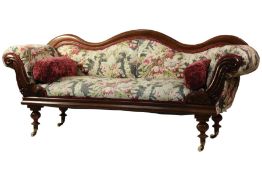 VICTORIAN CARVED MAHOGANY DOUBLE ENDED SOFA, of typical form with moulded show wood frame with