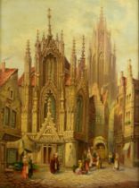HEINRICH SCHAFER OIL ON BOARD Continental cathedral with figures Monogrammed and dated 1886 15 ½”