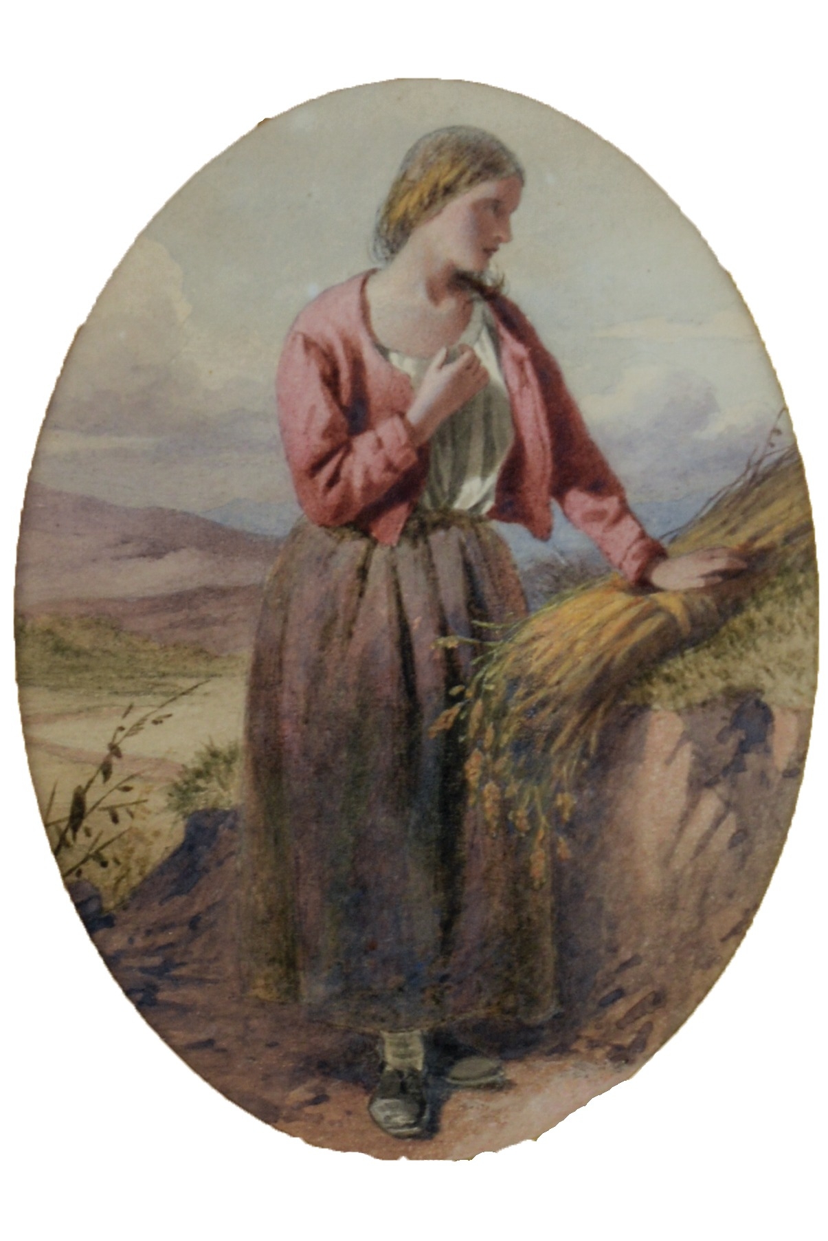 ATTRIBUTED TO JOHN JAMES HILL (1811-1882) WATERCOLOUR, OVAL Female figure with wheat sheaf Unsigned,