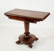 EARLY VICTORIAN FIGURED MAHOGANY PEDESTAL CARD TABLE, the rounded oblong swivel top, enclosing a