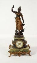 EARLY TWENTIETH CENTURY FRENCH GREEN VEINED ONYX AND SPELTER FIGURAL MANTLE CLOCK, the 3” Arabic