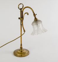 ADJUSTABLE BRASS TABLE GAS LIGHT, with loop handle, circular, weighted base and etched glass frilled