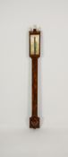 GEORGE III FIGURED MAHOGANY CASED STICK BAROMETER SIGNED WATKINS, CHARING CROSS, the silvered dial