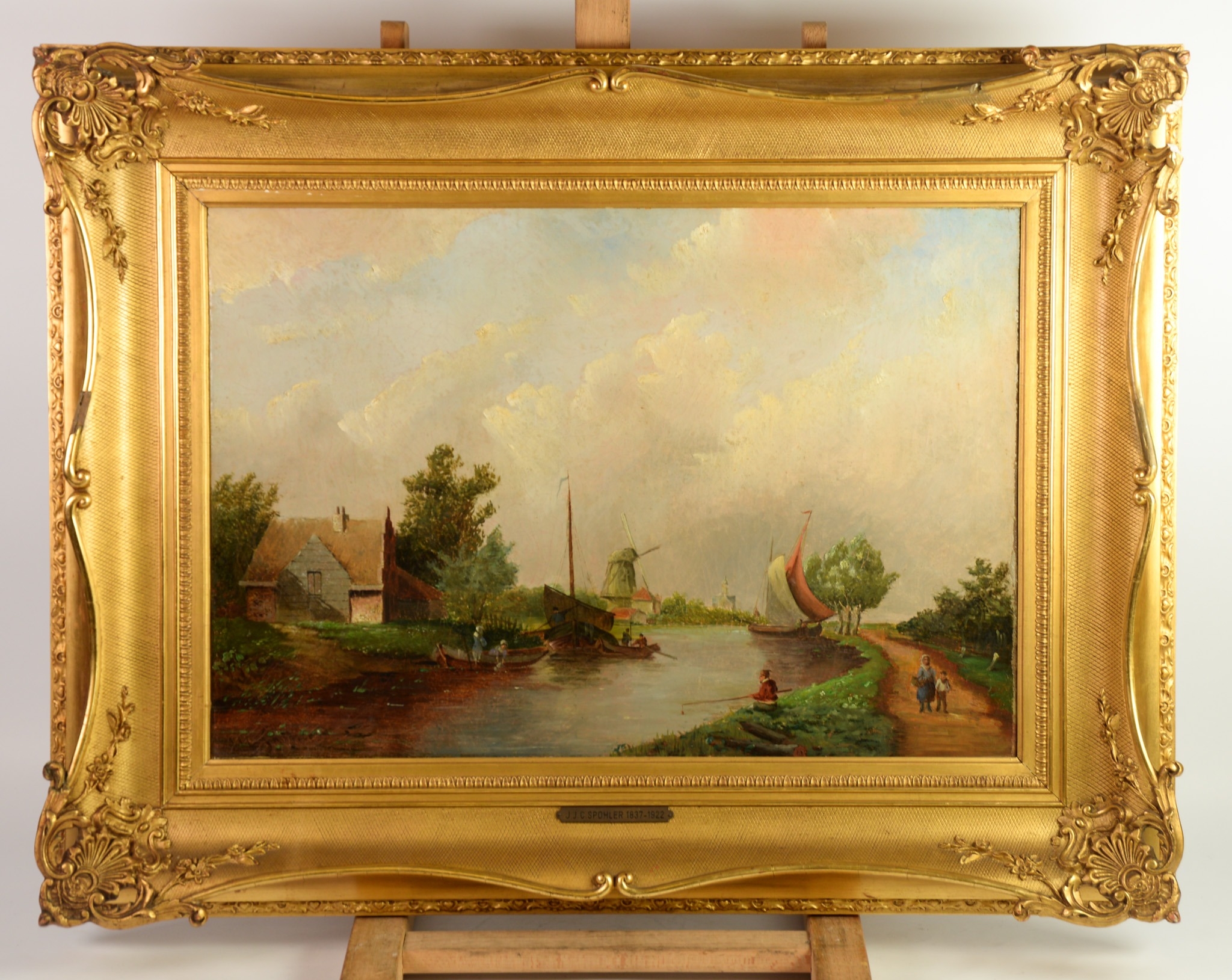 JJC SPOHLER (1837 – 1922) OIL ON BOARD Dutch canal scene with boats and figures Signed lower left - Image 2 of 4