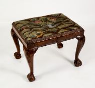 CHIPPENDALE STYLE CARVED MAHOGANY AND BEECH STOOL, of oblong form with gadrooned and stylised floral