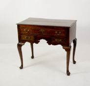 ANTIQUE COUNTRY MADE OAK LOWBOY with three drawers banded with chequered inlay, standing on cabriole
