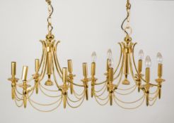 PAIR OF GILT METAL SIX LIGHT ELECTROLIER, each with downswept arms tied by beaded swags, 27” (68.